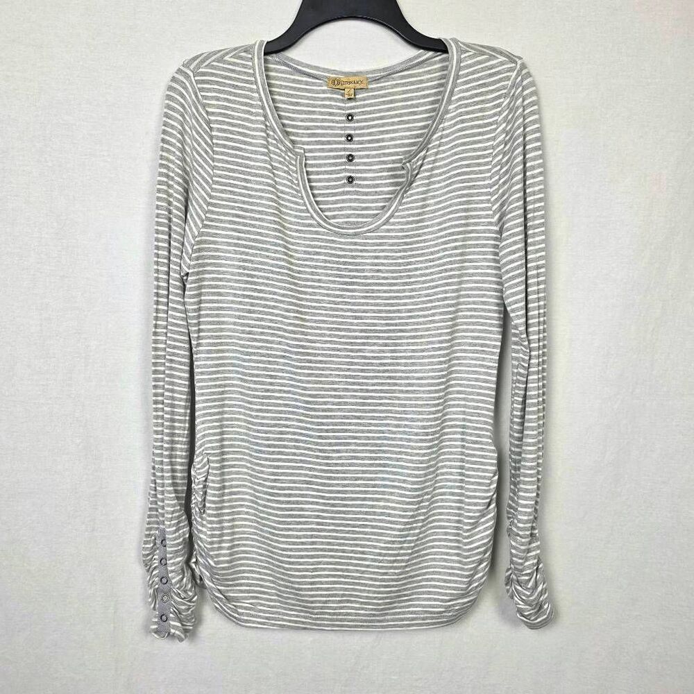 Democracy Striped Long Sleeve Henley Top Large Gray White